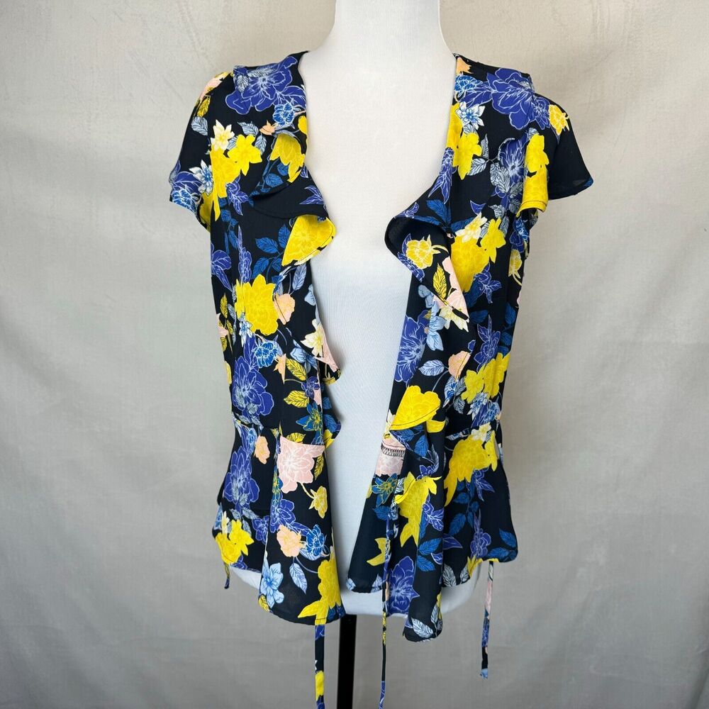 Banana Republic Wrap Blouse Sz S Black Floral Ruffle Design Cap Sleeve - Picture 6 of 13